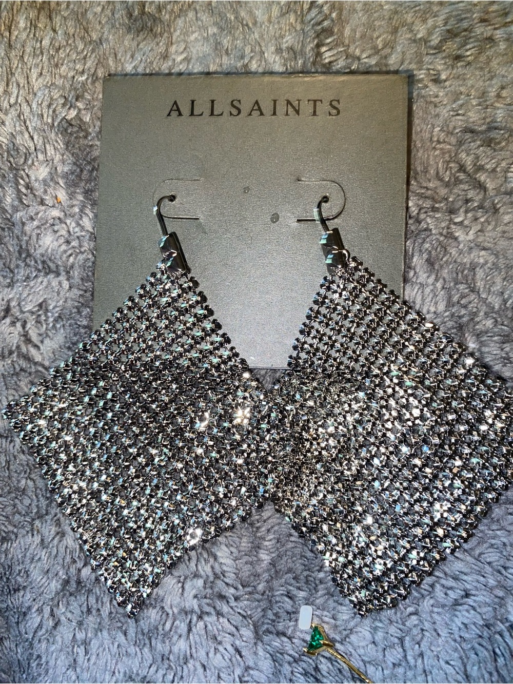 BNWT All Saints Silver Sequin Mesh Drop Earrings $69 - Picture 3 of 4